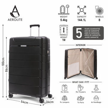 Aerolite 32” XL 144L Polypropylene (PP) Checked Luggage – Lightweight Extra Large Hard Shell Suitcase with 4 Spinner Wheels, TSA Lock & Waterproof Pocket – Black